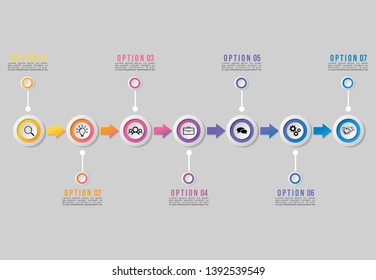 Infographic Vector Design Template. Business Data Visualization Timeline with Marketing Icons most useful can be used for presentation, diagrams, annual reports, workflow layout with 7 Options Steps