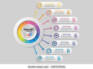 Infographic Vector Design Template. Business Data Visualization Timeline with Marketing Icons most useful can be used for presentation, diagrams, annual reports, workflow layout with 8 Options Steps
