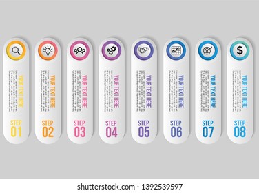 Infographic Vector Design Template. Business Data Visualization Timeline with Marketing Icons most useful can be used for presentation, diagrams, annual reports, workflow layout with 8 Options Steps