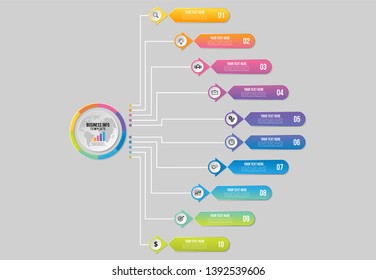 Infographic Vector Design Template. Business Data Visualization Timeline with Marketing Icons most useful can be used for presentation, diagrams, annual reports, workflow layout with 10 Options Steps