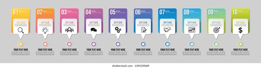 Infographic Vector Design Template. Business Data Visualization Timeline with Marketing Icons most useful can be used for presentation, diagrams, annual reports, workflow layout with 10 Options Steps