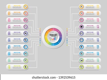 Infographic Vector Design Template. Business Data Visualization Timeline with Marketing Icons most useful can be used for presentation, diagrams, annual reports, workflow layout with 20 Options Steps