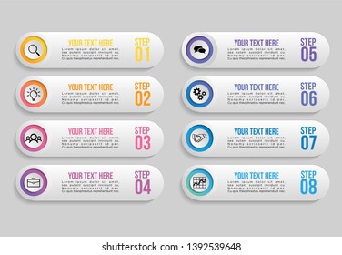 Infographic Vector Design Template. Business Data Visualization Timeline with Marketing Icons most useful can be used for presentation, diagrams, annual reports, workflow layout with 8 Options Steps