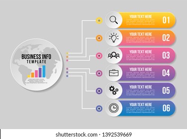 Infographic Vector Design Template. Business Data Visualization Timeline with Marketing Icons most useful can be used for presentation, diagrams, annual reports, workflow layout with 6 Options Steps