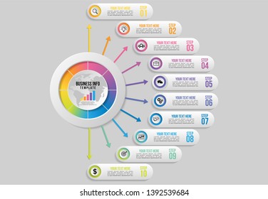 Infographic Vector Design Template. Business Data Visualization Timeline with Marketing Icons most useful can be used for presentation, diagrams, annual reports, workflow layout with 10 Options Steps