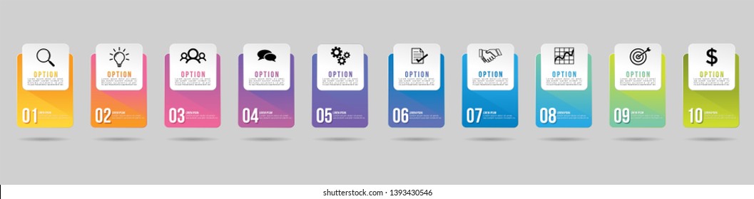 Infographic Vector Design Template. Business Data Visualization Timeline with Marketing Icons most useful can be used for presentation, diagrams, annual reports, workflow layout with 10 Options Steps