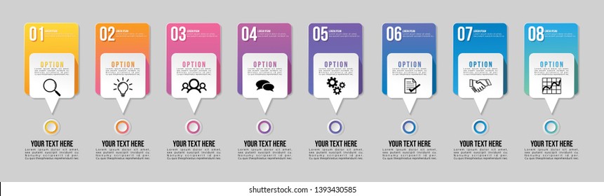 Infographic Vector Design Template. Business Data Visualization Timeline with Marketing Icons most useful can be used for presentation, diagrams, annual reports, workflow layout with 8 Options Steps