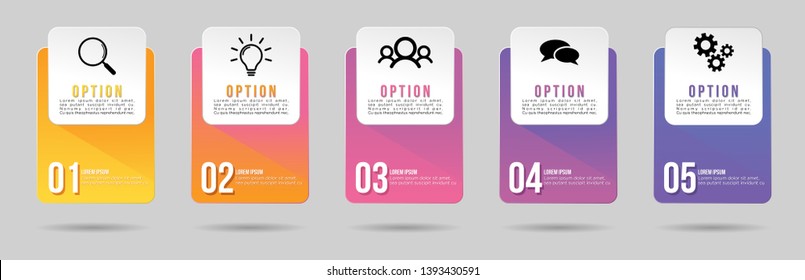 Infographic Vector Design Template. Business Data Visualization Timeline with Marketing Icons most useful can be used for presentation, diagrams, annual reports, workflow layout with 5 Options Steps