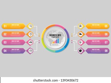 Infographic Vector Design Template. Business Data Visualization Timeline with Marketing Icons most useful can be used for presentation, diagrams, annual reports, workflow layout with 8 Options Steps