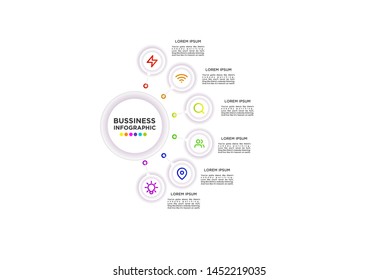 Infographic Vector Design Template. Business Data Visualization Timeline with Marketing Icons most useful can be used for presentation, diagrams, annual reports, workflow layout with 6 Options Steps