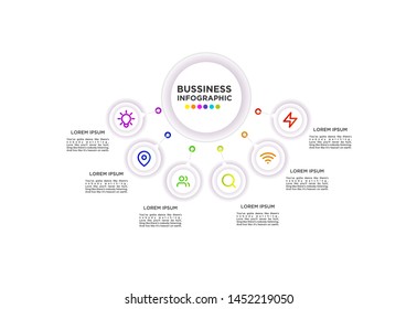 Infographic Vector Design Template. Business Data Visualization Timeline with Marketing Icons most useful can be used for presentation, diagrams, annual reports, workflow layout with 6 Options Steps