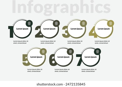 Infografik Vektorgrafik Design Vorlage mit Symbolen und 7 Stufen oder Optionen. Perfekt für den Einsatz in Prozessdiagrammen, Präsentationen, Workflows, Bannern, Flussdiagrammen und Infografiken.