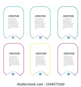 Infographic vector design template with icons and 6 number options or steps, paper arrows. Can be used for process diagrams, presentations, workflow layout, banner, flowchart, information graphics.
