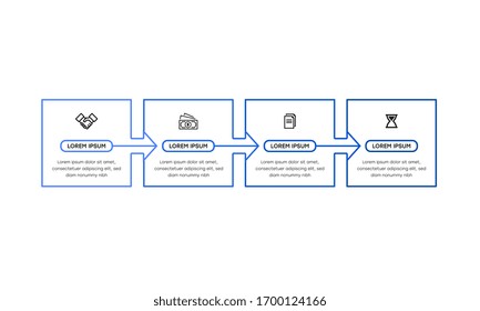 Infografik. Vektorillustration Infografische Design-Vorlage mit Symbolen und 4 Zahlenoptionen oder Schritten. Kann für Prozessdiagramm, Präsentationen, Workflow-Layout, Banner, Flussdiagramm, Infografik verwendet werden.