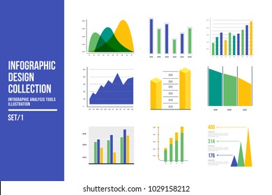 Infographic vector element set. Color business graph report, information data statistic. Bar graph, percent chart, timeline, graphs, flowcharts, diagrams. Template for presentation, report design.