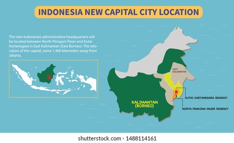 Infographic vector elements for Indonesia new capital city location,  located between North Penajam Paser and Kutai Kartanegara in East Kalimantan Borneo