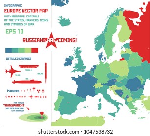 Infographic vector of Europe map with states, capitals, borders, color scheme. Icons, illustrations of a submarine, jet  bomber and an intercontinental missile and mobile launcher. Map of pollution.