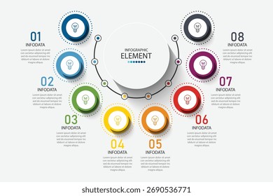 ilustração vetor infográfico com 8 etapas, design de modelo infográfico. Pode ser usado para diagramas de processo, apresentações e fluxos de trabalho.	