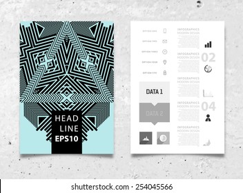 Infographic Vector Illustration with Abstract Geometric Pattern Background. Concrete Texture. Business Template for Flyer, Banner, Placard, Poster, Brochure Design. Graphic Black Ornament and Elements
