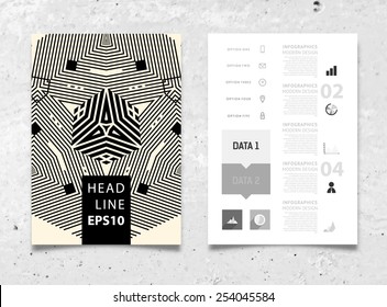 Infographic Vector Illustration with Abstract Geometric Pattern Background. Concrete Texture. Business Template for Flyer, Banner, Placard, Poster, Brochure Design. Graphic Black Ornament and Elements