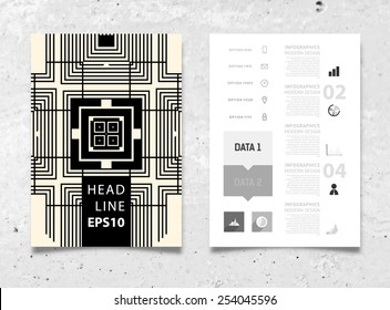 Infographic Vector Illustration with Abstract Geometric Pattern Background. Concrete Texture. Business Template for Flyer, Banner, Placard, Poster, Brochure Design. Graphic Black Ornament and Elements