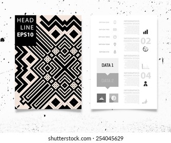 Infographic Vector Illustration with Abstract Geometric Pattern Background. Concrete Texture. Business Template for Flyer, Banner, Placard, Poster, Brochure Design. Graphic Black Ornament and Elements