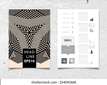 Infographic Vector Illustration with Abstract Geometric Pattern Background. Concrete Texture. Business Template for Flyer, Banner, Placard, Poster, Brochure Design. Graphic Black Ornament and Elements