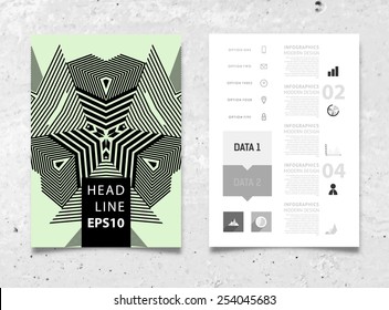Ilustración de vectores infográficos con fondo de patrón geométrico abstracto. Textura de hormigón. Plantilla de negocio para volante, pancarta, cartel, afiche, diseño de folleto. Ornamento negro gráfico y elementos