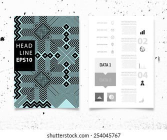 Ilustración de vectores infográficos con fondo de patrón geométrico abstracto. Textura de hormigón. Plantilla de negocio para volante, pancarta, cartel, afiche, diseño de folleto. Ornamento negro gráfico y elementos