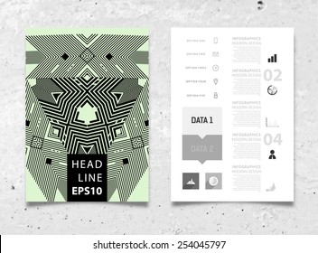 Ilustración de vectores infográficos con fondo de patrón geométrico abstracto. Textura de hormigón. Plantilla de negocio para volante, pancarta, cartel, afiche, diseño de folleto. Ornamento negro gráfico y elementos