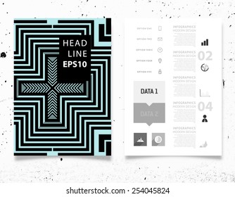 Infographic Vector Illustration with Abstract Geometric Pattern Background. Concrete Texture. Business Template for Flyer, Banner, Placard, Poster, Brochure Design. Graphic Black Ornament and Elements