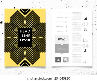 Ilustración de vectores infográficos con fondo de patrón geométrico abstracto. Textura de hormigón. Plantilla de negocio para volante, pancarta, cartel, afiche, diseño de folleto. Ornamento negro gráfico y elementos