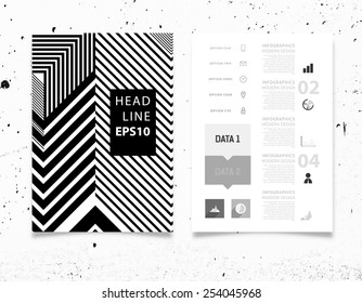 Ilustração de vetor infográfico com fundo de padrão geométrico abstrato. Textura de concreto. Modelo de negócios para panfleto, banner, placar, cartaz, projeto de folheto. Elementos e ornamento gráfico em preto