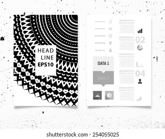 Infographic Vector Illustration with Abstract Geometric Pattern Background. Concrete Texture. Business Template for Flyer, Banner, Placard, Poster, Brochure Design. Graphic Black Ornament and Elements
