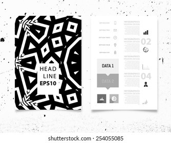 Infographic Vector Illustration with Abstract Geometric Pattern Background. Concrete Texture. Business Template for Flyer, Banner, Placard, Poster, Brochure Design. Graphic Black Ornament and Elements