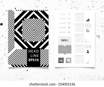 Ilustración de vectores infográficos con fondo de patrón geométrico abstracto. Textura de hormigón. Plantilla de negocio para volante, pancarta, cartel, afiche, diseño de folleto. Ornamento negro gráfico y elementos