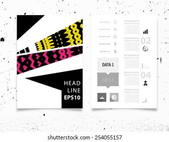 Ilustración de vectores infográficos con fondo de patrón geométrico abstracto. Textura de hormigón. Plantilla de negocio para volante, pancarta, cartel, afiche, diseño de folleto. Ornamento negro gráfico y elementos