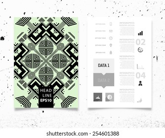 Infographic Vector Illustration with Abstract Geometric Pattern Background. Concrete Texture. Business Template for Flyer, Banner, Placard, Poster, Brochure Design. Graphic Black Ornament and Elements