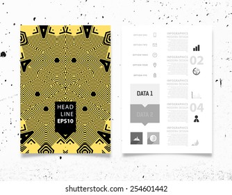 Ilustración de vectores infográficos con fondo de patrón geométrico abstracto. Textura de hormigón. Plantilla de negocio para volante, pancarta, cartel, afiche, diseño de folleto. Ornamento negro gráfico y elementos