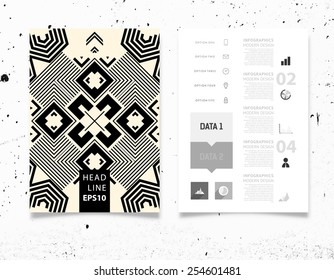 Ilustración de vectores infográficos con fondo de patrón geométrico abstracto. Textura de hormigón. Plantilla de negocio para volante, pancarta, cartel, afiche, diseño de folleto. Ornamento negro gráfico y elementos