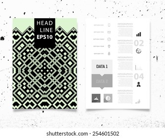 Ilustración de vectores infográficos con fondo de patrón geométrico abstracto. Textura de hormigón. Plantilla de negocio para volante, pancarta, cartel, afiche, diseño de folleto. Ornamento negro gráfico y elementos