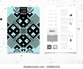 Ilustración de vectores infográficos con fondo de patrón geométrico abstracto. Textura de hormigón. Plantilla de negocio para volante, pancarta, cartel, afiche, diseño de folleto. Ornamento negro gráfico y elementos