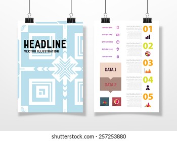 Ilustración de vectores infográficos con fondo de patrón geométrico abstracto. Plantilla de negocio para volante, pancarta, cartel, afiche, diseño de folleto. Ornamento negro gráfico y elementos