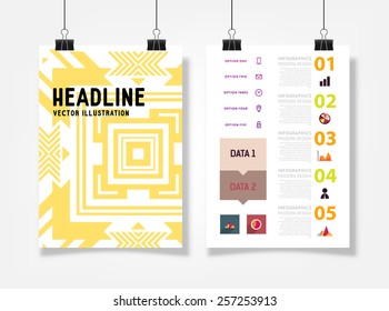 Ilustración de vectores infográficos con fondo de patrón geométrico abstracto. Plantilla de negocio para volante, pancarta, cartel, afiche, diseño de folleto. Ornamento negro gráfico y elementos