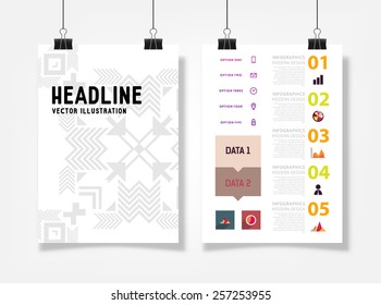 Ilustración de vectores infográficos con fondo de patrón geométrico abstracto. Plantilla de negocio para volante, pancarta, cartel, afiche, diseño de folleto. Ornamento negro gráfico y elementos