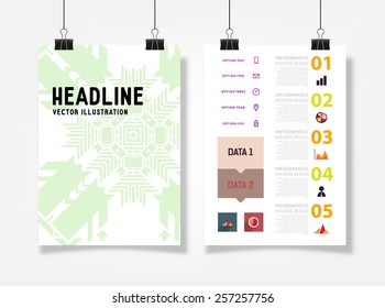 Ilustración de vectores infográficos con fondo de patrón geométrico abstracto. Plantilla de negocio para volante, pancarta, cartel, afiche, diseño de folleto. Ornamento negro gráfico y elementos