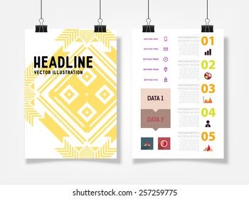 Ilustración de vectores infográficos con fondo de patrón geométrico abstracto. Plantilla de negocio para volante, pancarta, cartel, afiche, diseño de folleto. Ornamento negro gráfico y elementos