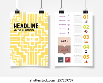 Ilustración de vectores infográficos con fondo de patrón geométrico abstracto. Plantilla de negocio para volante, pancarta, cartel, afiche, diseño de folleto. Ornamento negro gráfico y elementos