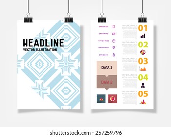 Ilustración de vectores infográficos con fondo de patrón geométrico abstracto. Plantilla de negocio para volante, pancarta, cartel, afiche, diseño de folleto. Ornamento negro gráfico y elementos