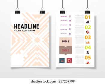 Ilustración de vectores infográficos con fondo de patrón geométrico abstracto. Plantilla de negocio para volante, pancarta, cartel, afiche, diseño de folleto. Ornamento negro gráfico y elementos